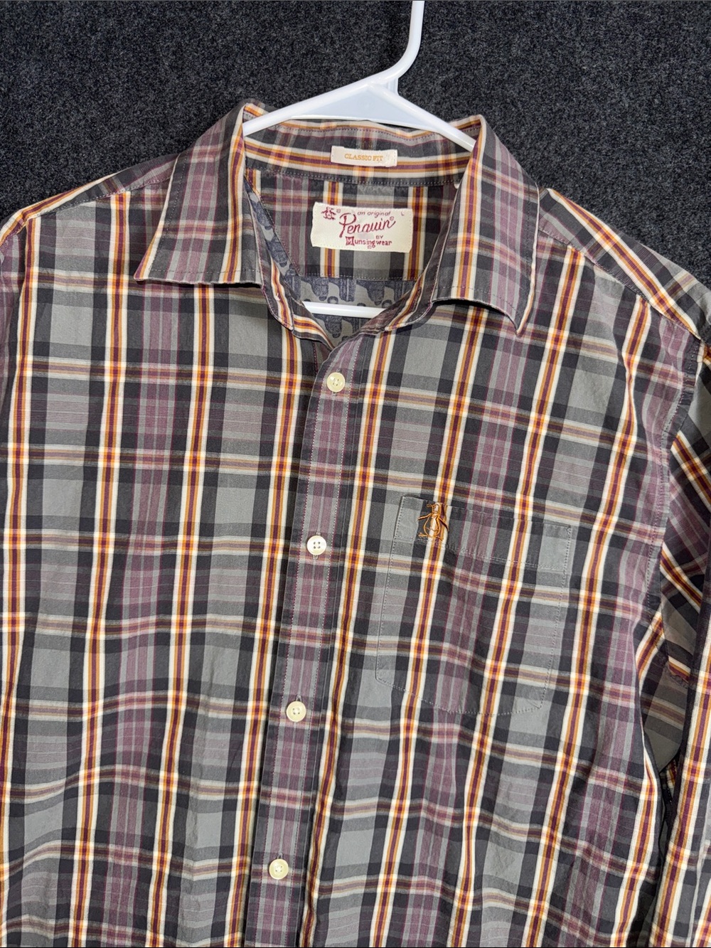 Original Penguin Men's Plaid Button-Down Shirt in Gray, Brown & Orange